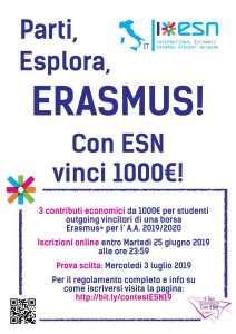 Locandina Erasmus con ESN - competizione per studenti assegnatari di contributo Erasmus per l'anno accademico 2019-2020. in palio 3 integrazioni da 1000 euro